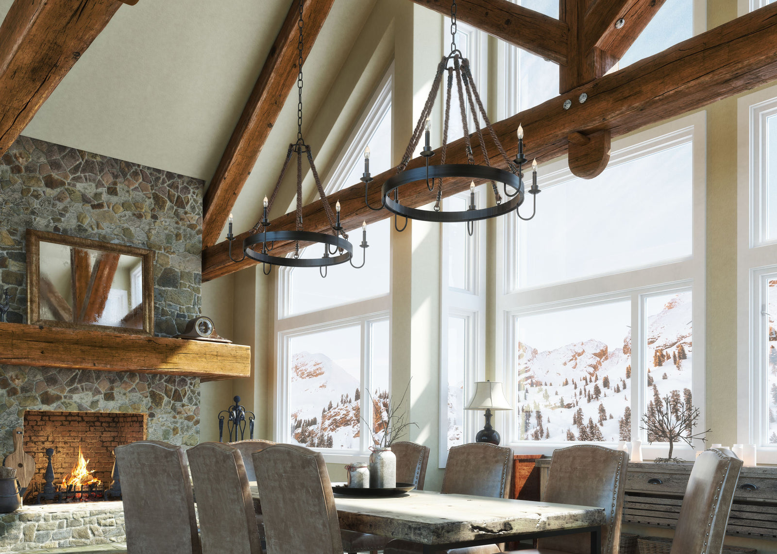 rustic chandeliers over a dining table