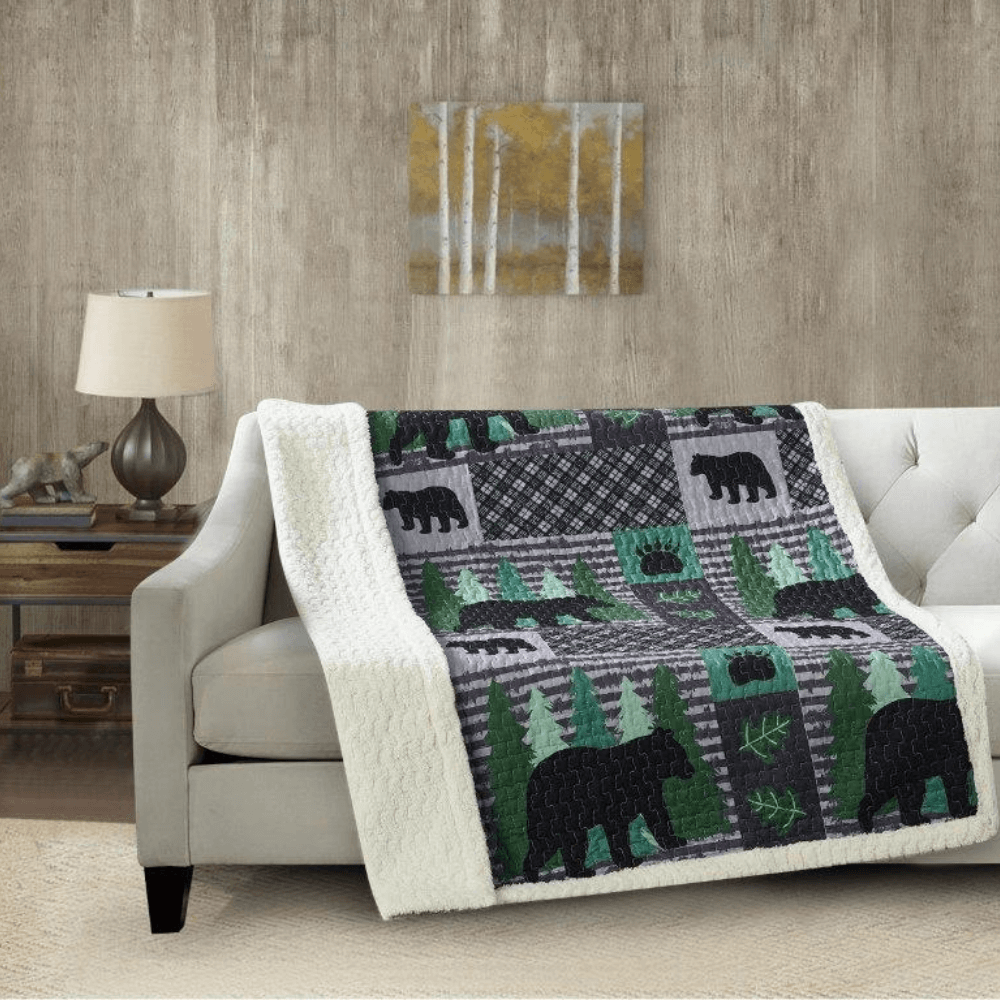 Green Forest Bear Sherpa Throw