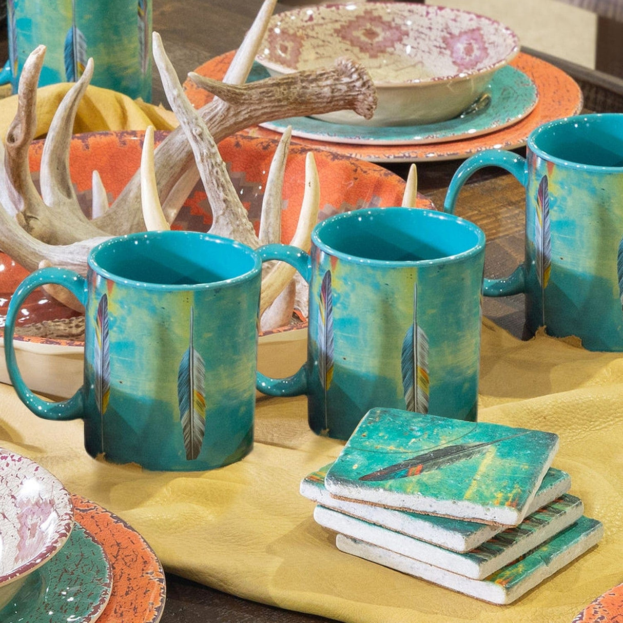 Tossed Feather Mug and Coaster 8PC Set