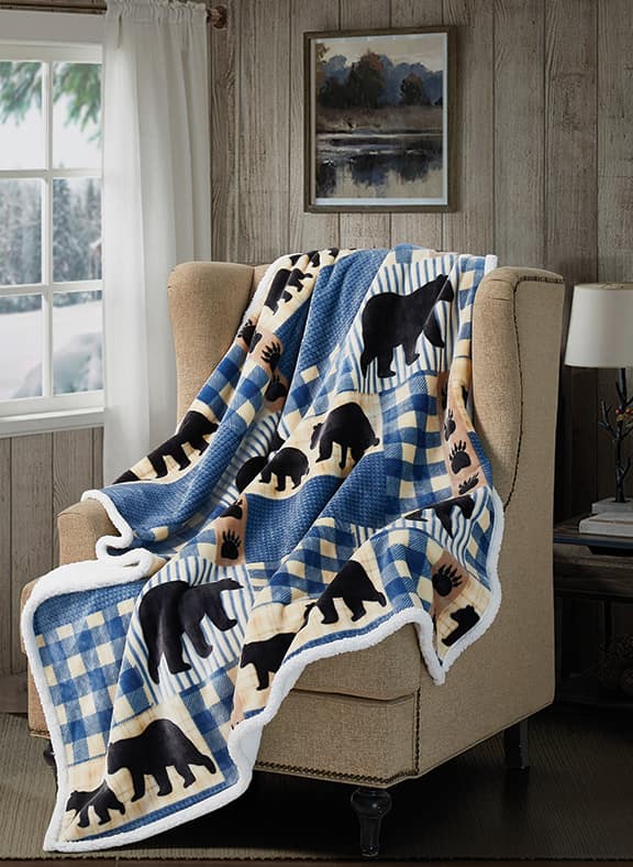 Bear Mountain Blues Flannel Sherpa Throw