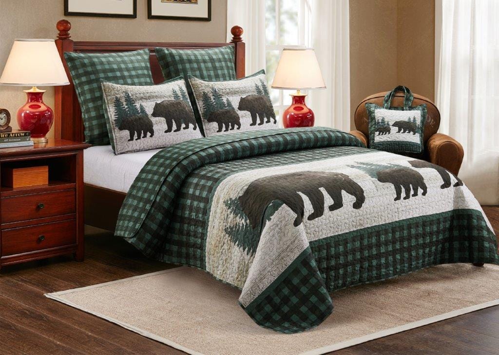 Green Plaid Bear Quilt Set