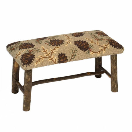 Beige Pinecones Hooked Wool Hickory Bench