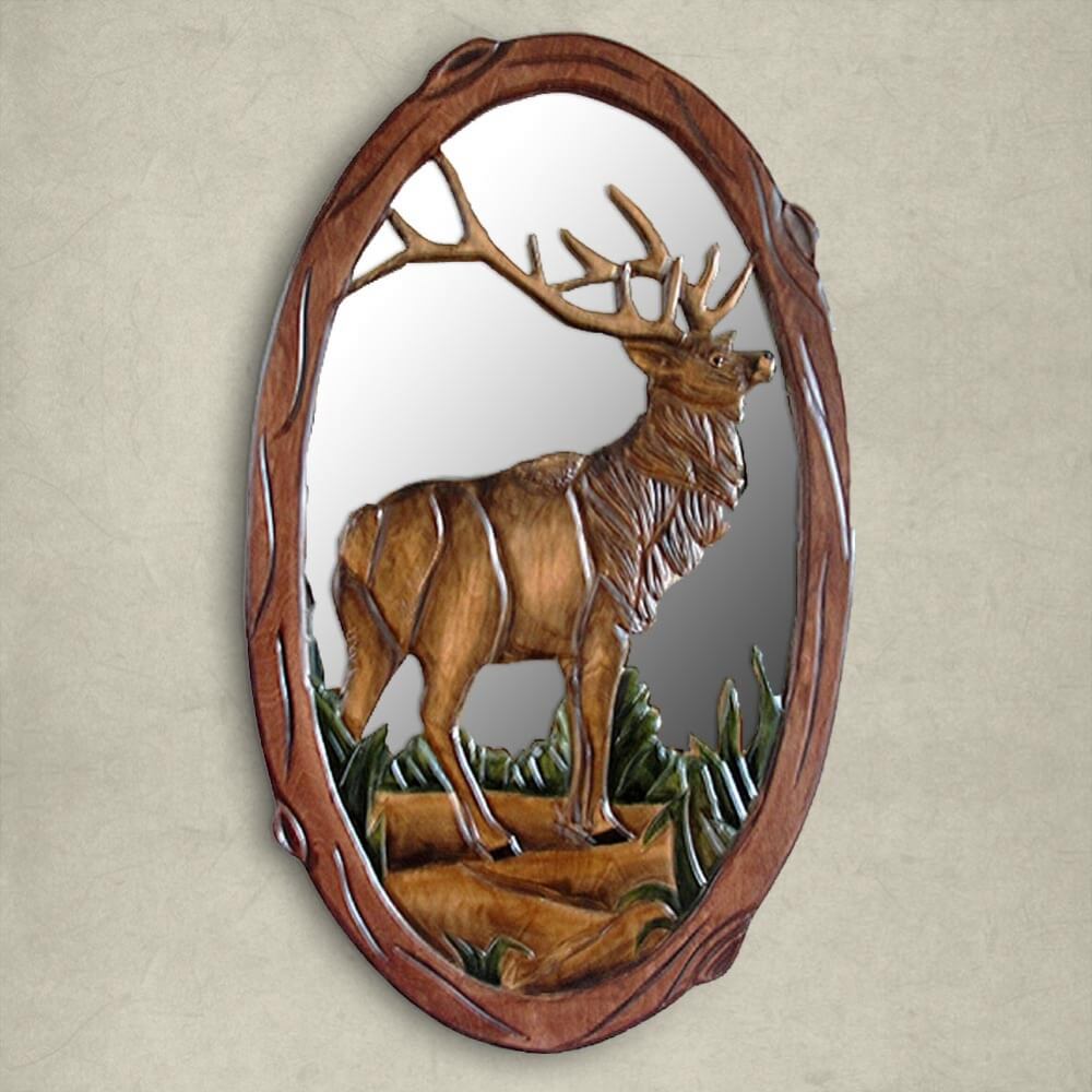 Hand Carved Oval Elk Mirror Cabin Place   Hand Carved Oval Elk Mirror 3 